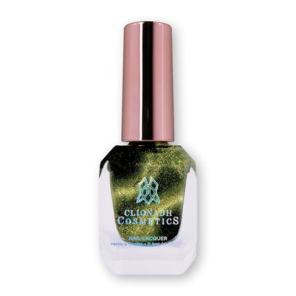 Bottle of nail polish containing Velvet Verdigris Nail Laquer on white background.