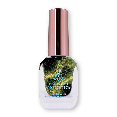 Bottle of nail polish containing Velvet Verdigris Nail Laquer on white background.