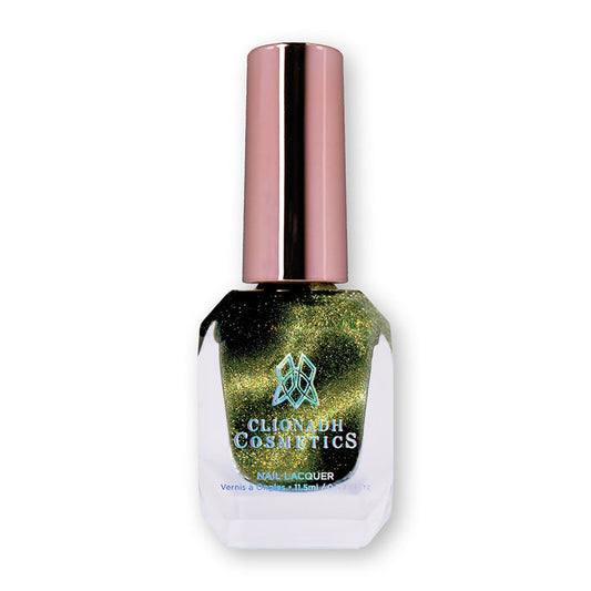 Bottle of nail polish containing Velvet Verdigris Nail Laquer on white background.