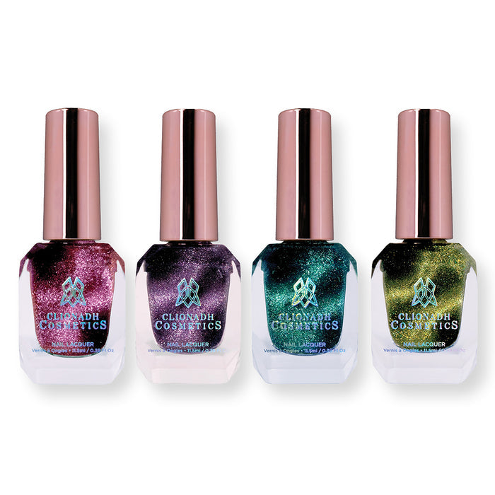 Four Clionadh Cosmetics nail polish bottles on a white background.