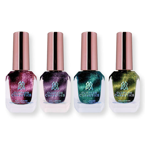 Four Clionadh Cosmetics nail polish bottles on a white background.