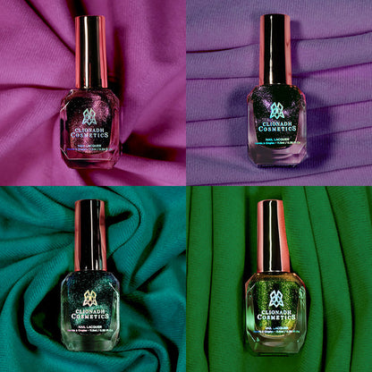 Collage of four bottles of Clionadh Cosmetics nail polishes. Each bottle is laying on matching colour fabric to polish.
