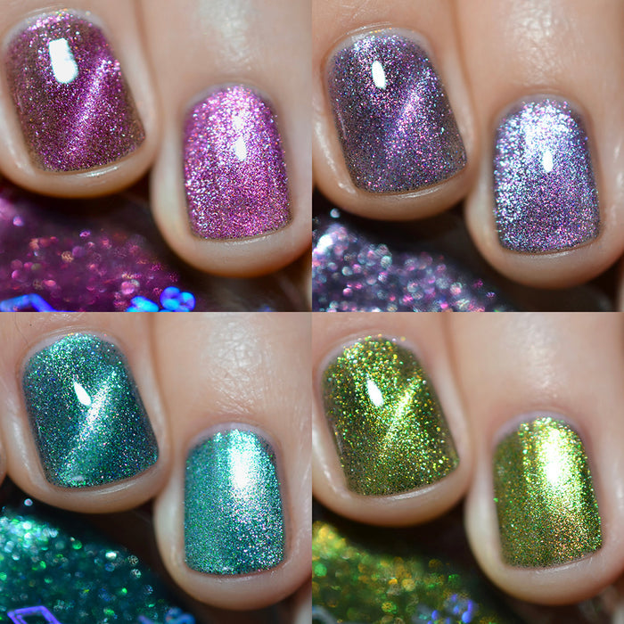 Close-up of nails painted with four colours of Clionadh Cosmetics nail lacquers.