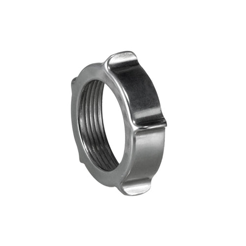 Der Unold Verschlussring für FLEISCHWOLF 78131 ist eine metallische Kontermutter mit vier gleichmäßig verteilten erhabenen Laschen am Rand und sichtbarem Innengewinde, abgebildet vor einem weißen Hintergrund zur Sicherung von Fleischwolfkomponenten.