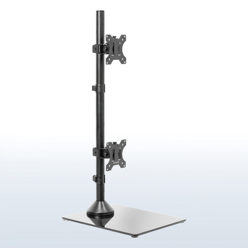 Tall dual monitor desk stand for stacked array with sturdy glass base.