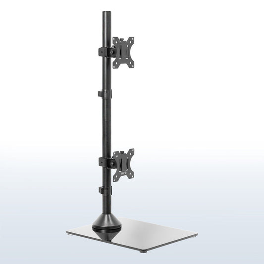 Tall dual monitor desk stand for stacked array with sturdy glass base.