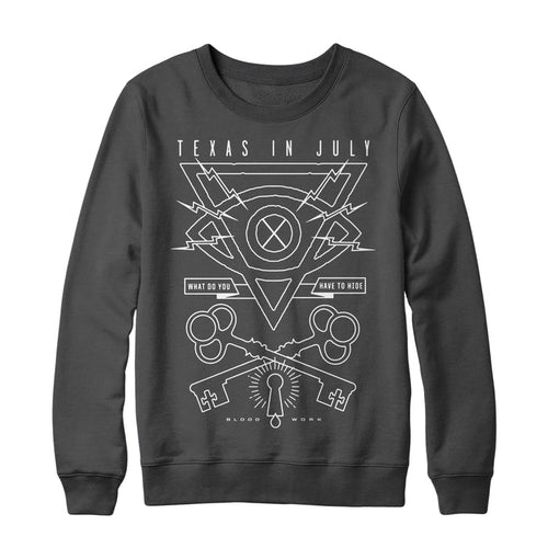 A Texas In July crewneck sweatshirt with geometric white line art, "Texas In July" at the top, and the phrases "What do you have to hide" and "Blood Work," plus abstract symbols and shapes. Brand: Texas In July.