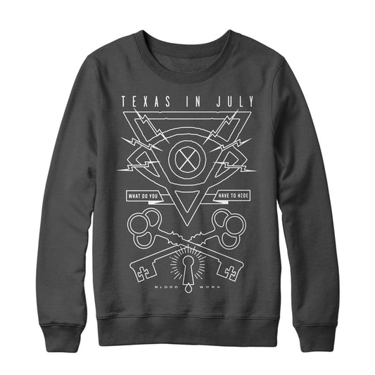 A Texas In July crewneck sweatshirt with geometric white line art, "Texas In July" at the top, and the phrases "What do you have to hide" and "Blood Work," plus abstract symbols and shapes. Brand: Texas In July.