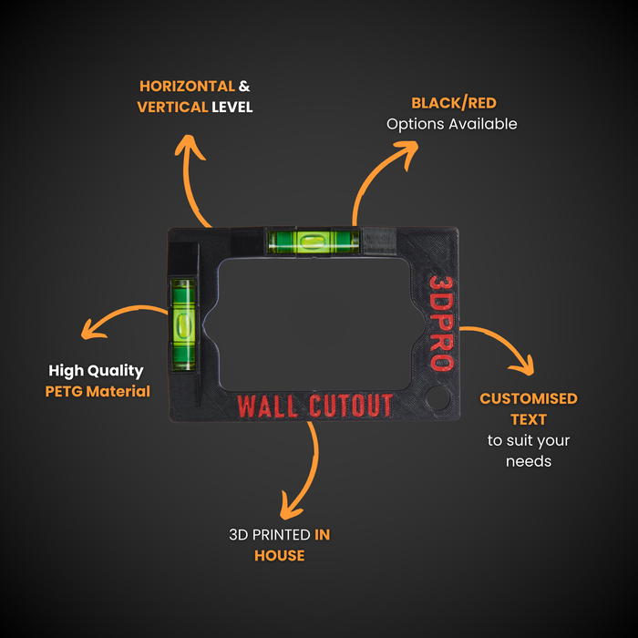 3D printed wall elec cutout with level feature on a dark background