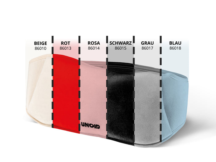 Sechs Wärmflaschen „Unold Wärmi Elektrische Wärmflasche“ in Beige, Rot, Rosa, Schwarz, Grau und Blau werden nebeneinander gezeigt, jede mit ihrem deutschen Farbnamen und der entsprechenden Produktnummer beschriftet.