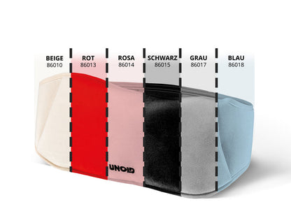 Sechs Wärmflaschen „Unold Wärmi Elektrische Wärmflasche“ in Beige, Rot, Rosa, Schwarz, Grau und Blau werden nebeneinander gezeigt, jede mit ihrem deutschen Farbnamen und der entsprechenden Produktnummer beschriftet.