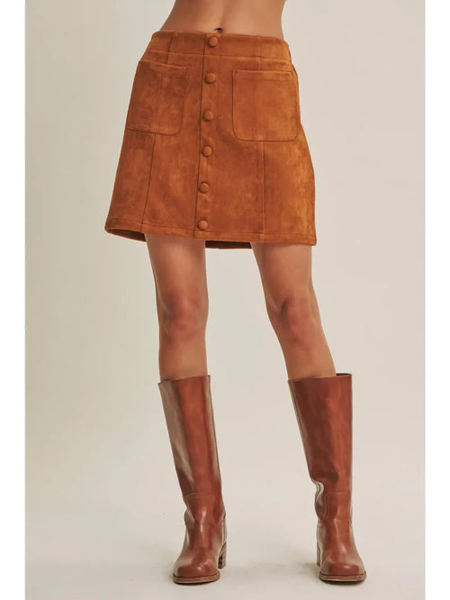 Western Stroll Vegan Suede Button Front Mini Skirt