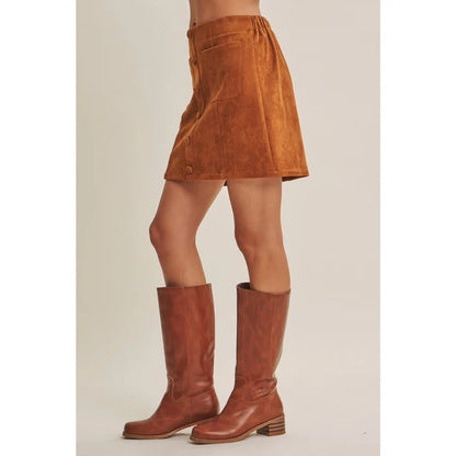 Western Stroll Vegan Suede Button Front Mini Skirt