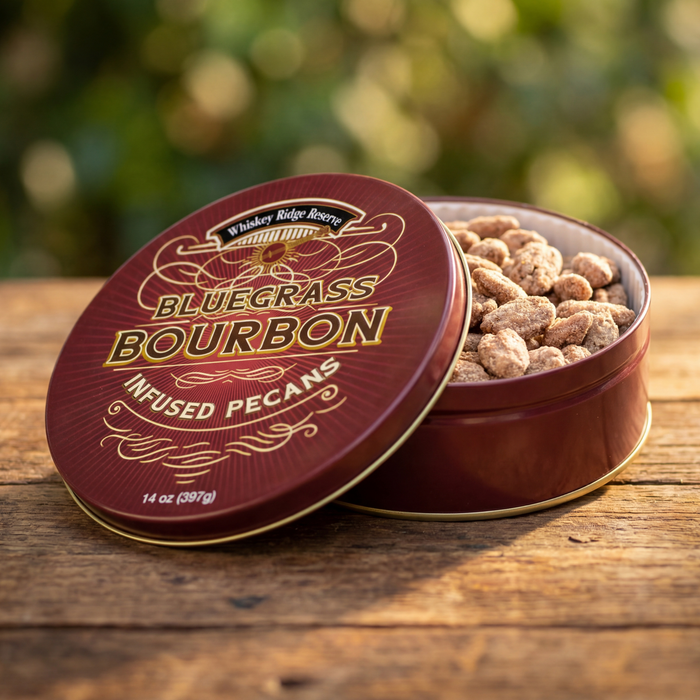 Tin of Bluegrass Bourbon Infused Pecans