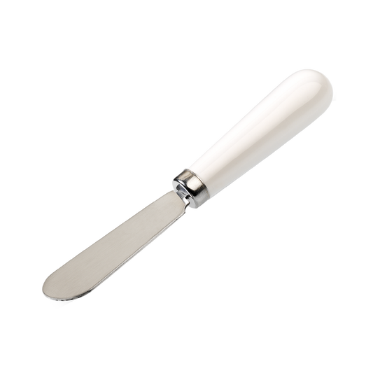 A stainless steel butter knife with a ceramic white handle.
