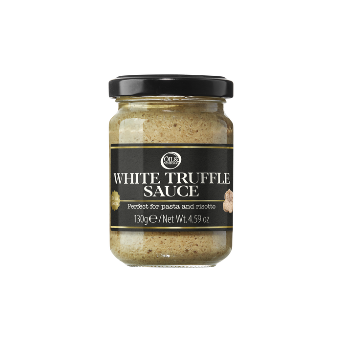 Jar of white truffle sauce with a black lid