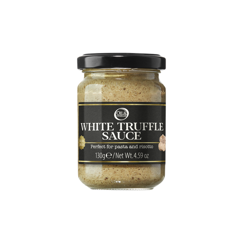 Jar of white truffle sauce with a black lid