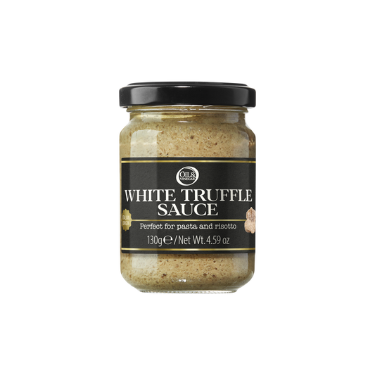 Jar of white truffle sauce with a black lid