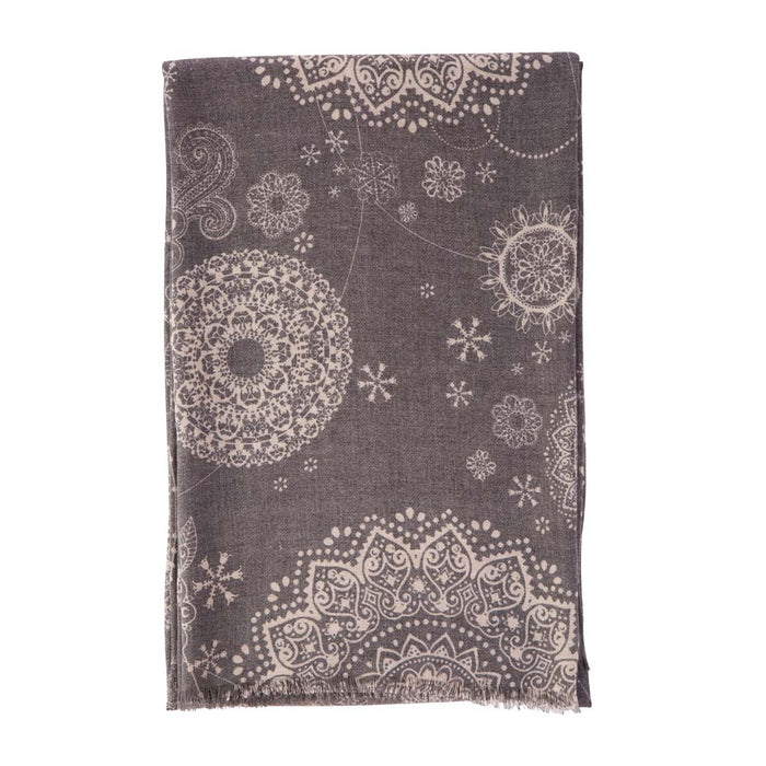 Women Gray Paisley Print Scarf with Fringes