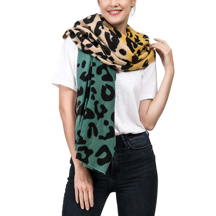 Women Green, Yellow and Beige Leopard Grain Scarf