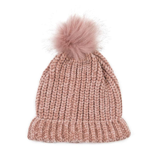 Women Rose Pink Chenille Fold-Over Beanie with Pom Pom One Size