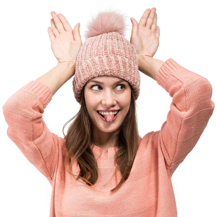 Women Rose Pink Chenille Fold-Over Beanie with Pom Pom One Size