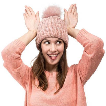 Women Rose Pink Chenille Fold-Over Beanie with Pom Pom One Size