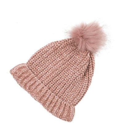 Women Rose Pink Chenille Fold-Over Beanie with Pom Pom One Size