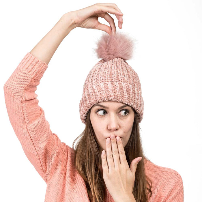 Women Rose Pink Chenille Fold-Over Beanie with Pom Pom One Size