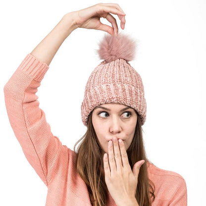 Women Rose Pink Chenille Fold-Over Beanie with Pom Pom One Size