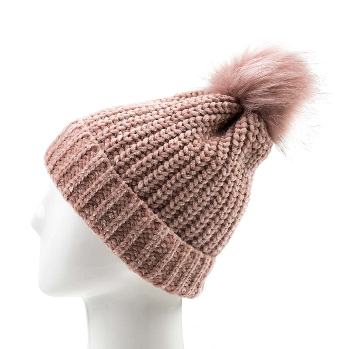 Women Rose Pink Chenille Fold-Over Beanie with Pom Pom One Size