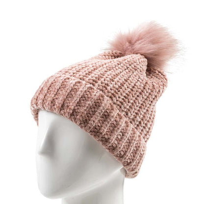 Women Rose Pink Chenille Fold-Over Beanie with Pom Pom One Size