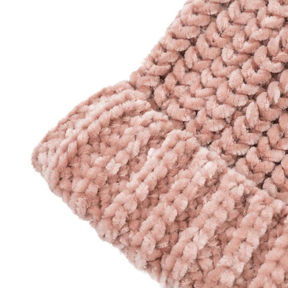 Women Rose Pink Chenille Fold-Over Beanie with Pom Pom One Size