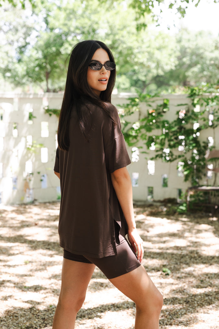 The back of the Women’s Biker Short Set in Espresso shown on a female model