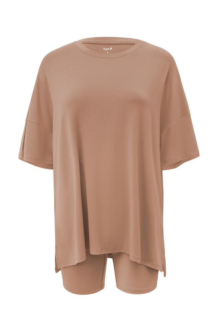 Front view of Women’s Biker Short Set in Latte