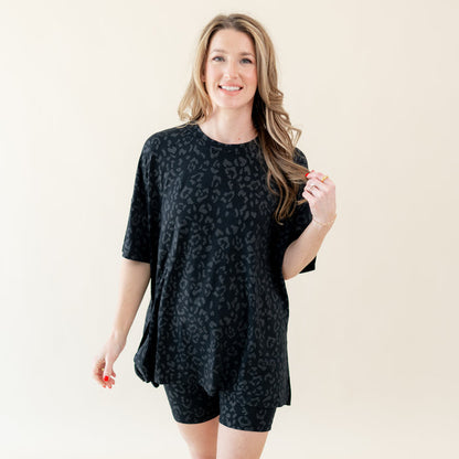 Woman modeling Women’s Biker Short Set in Midnight Leopard