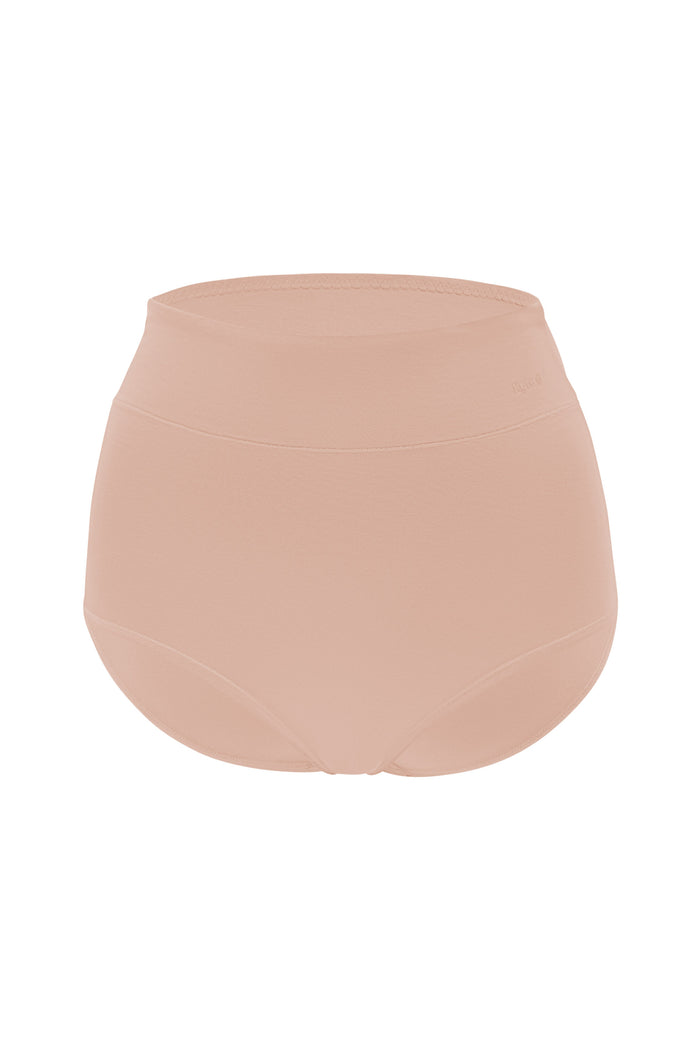 Front of the Women's High-Waisted Brief in Chai on a white surface