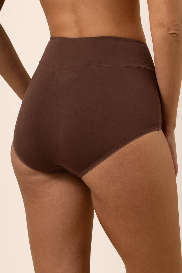 The back of brown high-waisted underwear on a beige background