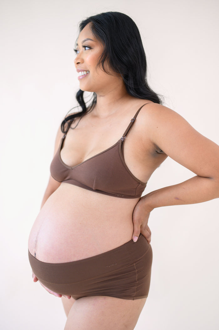 Pregnant woman modeling High-Waisted Brief in Toffee and nursing bra