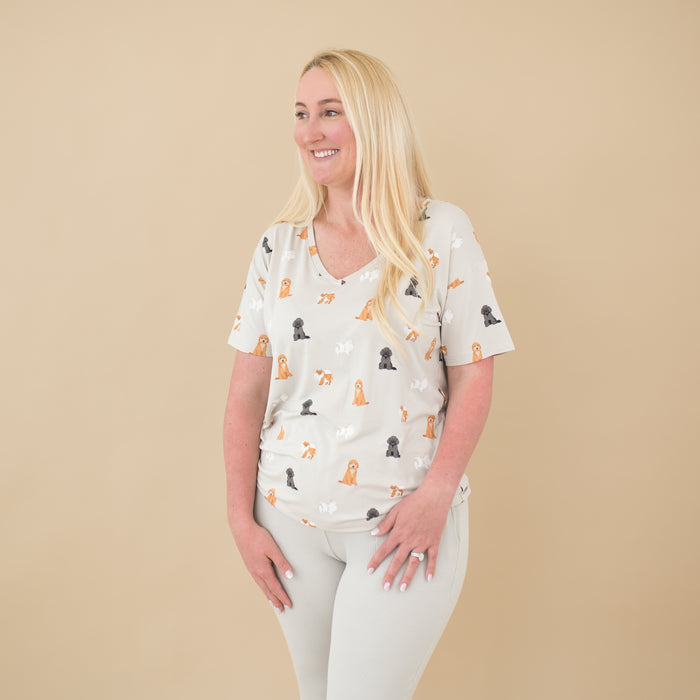 Woman modeling Women’s Relaxed Fit V-Neck in Fluffy Dog