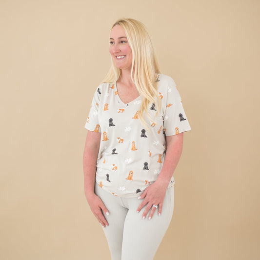 Woman modeling Women’s Relaxed Fit V-Neck in Fluffy Dog