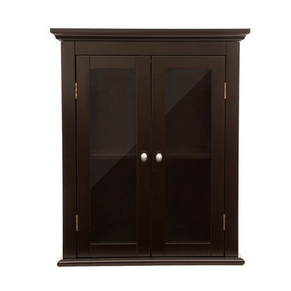Wooden Wall Mounted Storage Cabinet with Glass Double Doors, Espresso