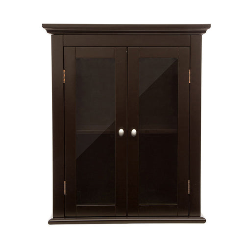 Wooden Wall Mounted Storage Cabinet with Glass Double Doors, Espresso