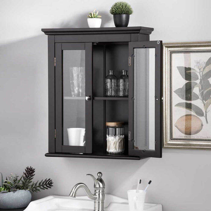 Wooden Wall Mounted Storage Cabinet with Glass Double Doors, Espresso
