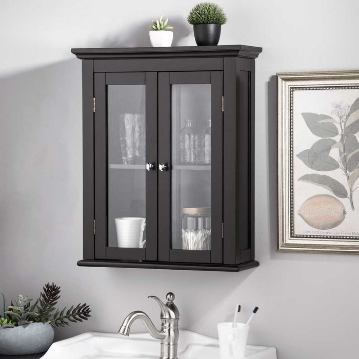 Wooden Wall Mounted Storage Cabinet with Glass Double Doors, Espresso