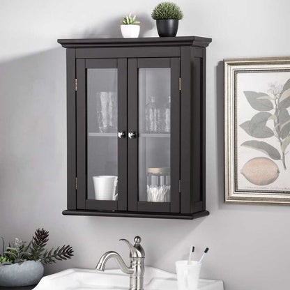 Wooden Wall Mounted Storage Cabinet with Glass Double Doors, Espresso