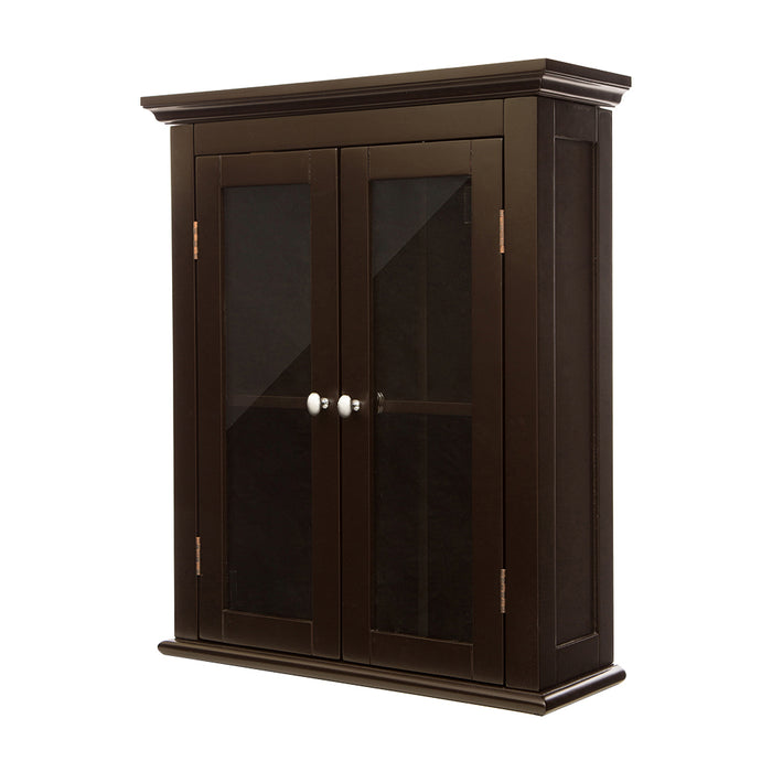Wooden Wall Mounted Storage Cabinet with Glass Double Doors, Espresso