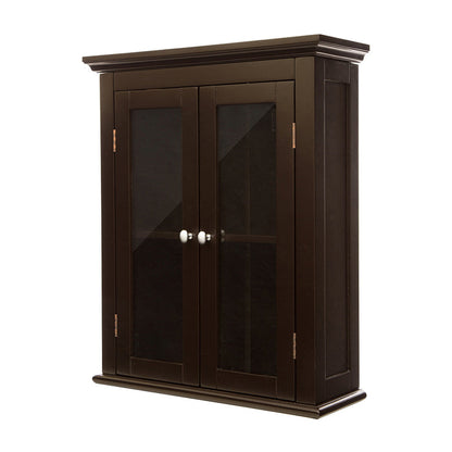 Wooden Wall Mounted Storage Cabinet with Glass Double Doors, Espresso