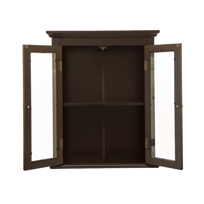 Wooden Wall Mounted Storage Cabinet with Glass Double Doors, Espresso
