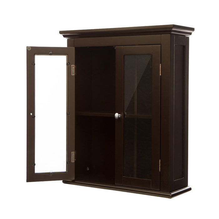 Wooden Wall Mounted Storage Cabinet with Glass Double Doors, Espresso